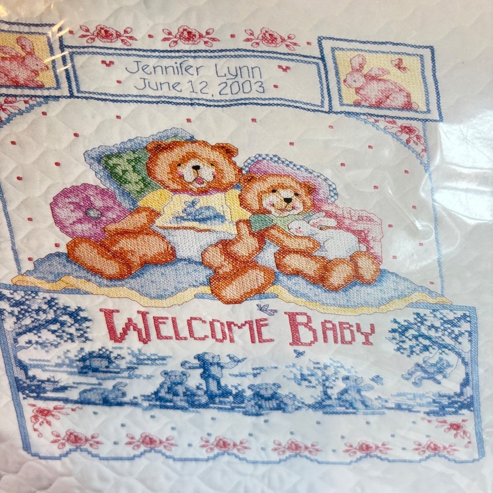 Bucilla Baby Crib Cover Stamped Cross Stitch Kit Bears Welcome Baby Vtg 2003 New